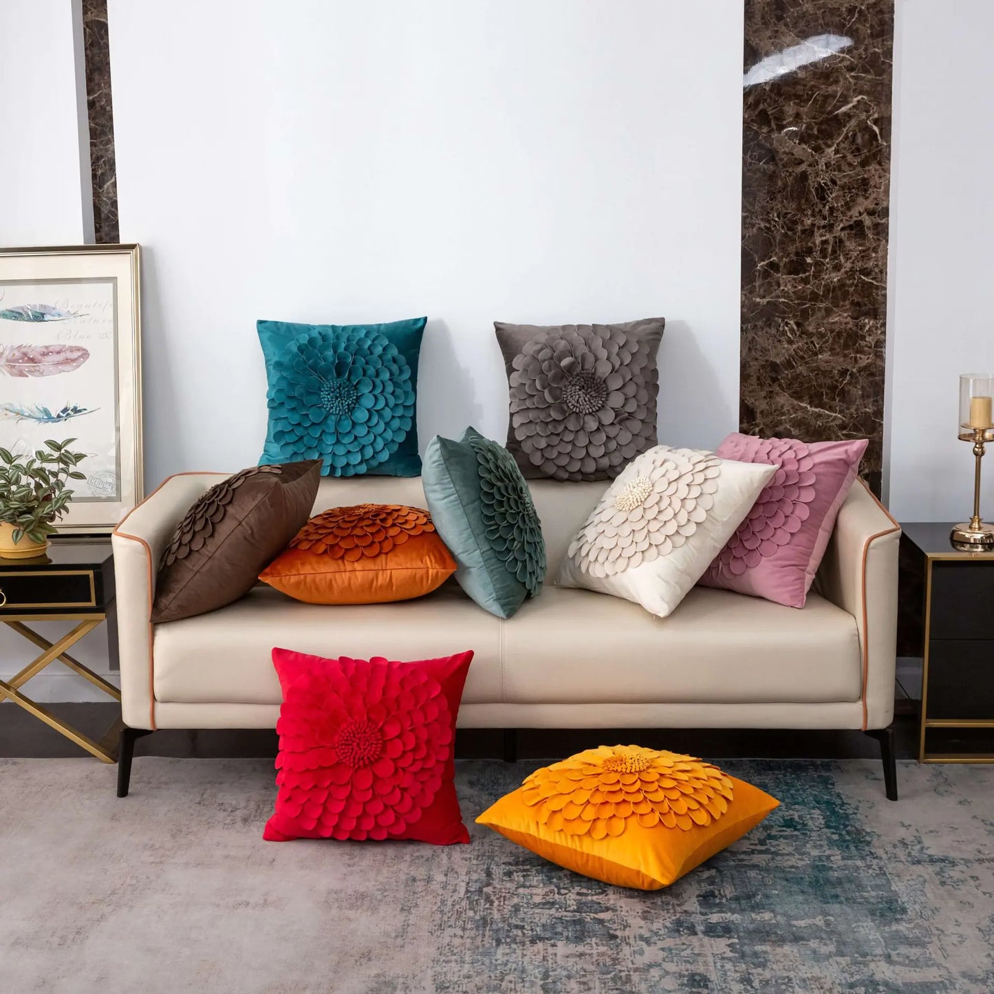 Luxury French Velvet Sofa Pillow with 3D Petals