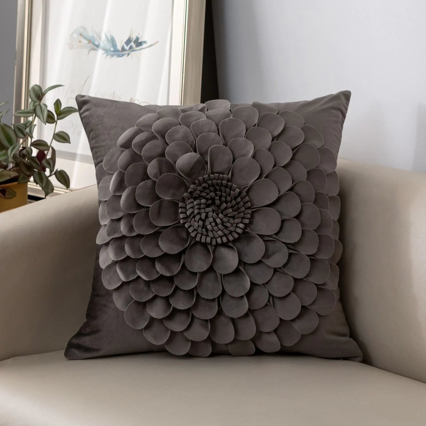 Luxury French Velvet Sofa Pillow with 3D Petals